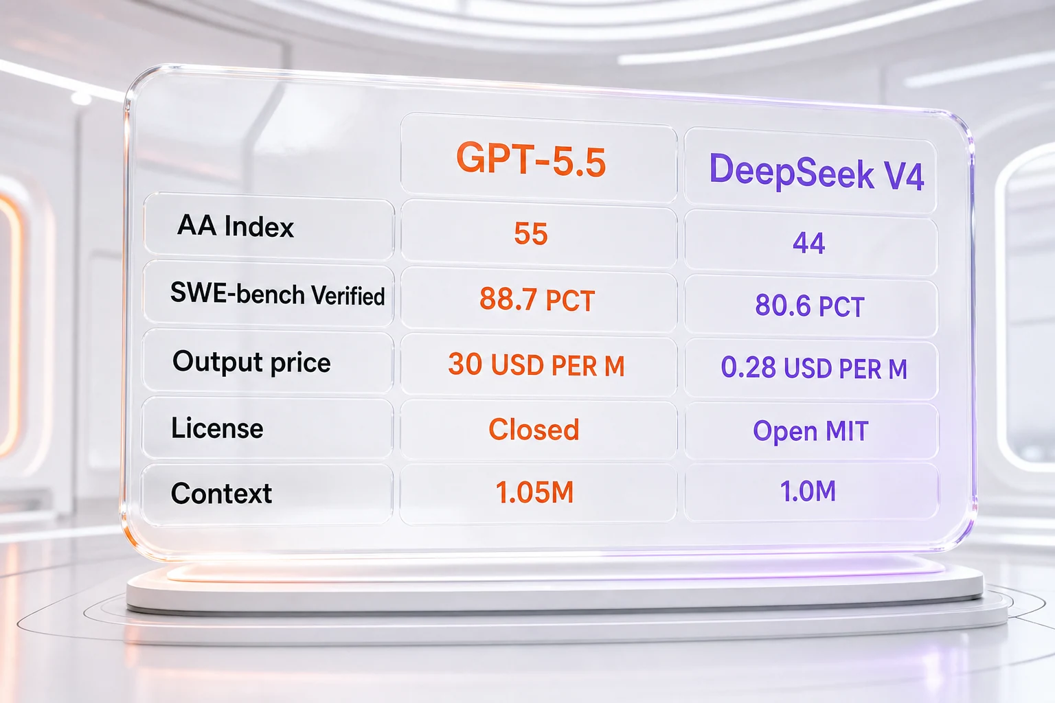 GPT-5.5 vs DeepSeek V4 comparison table — Intelligence Index, SWE-bench Verified, output pricing, license, and context window side-by-side