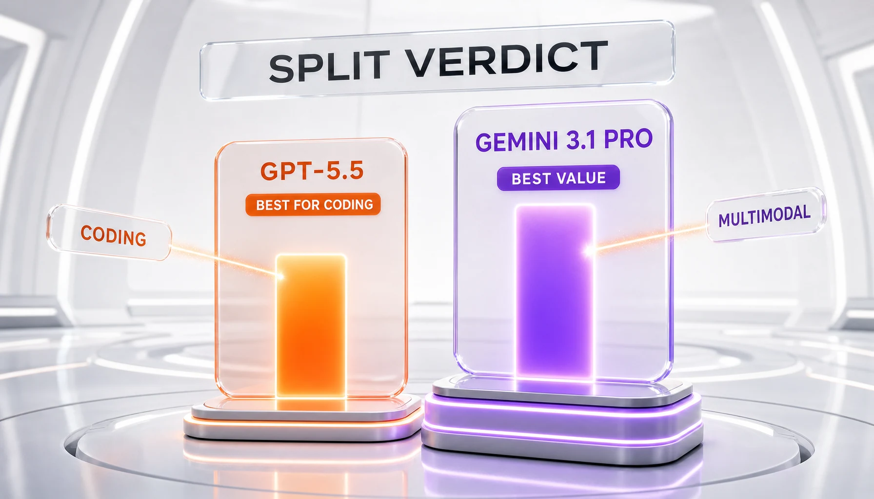 Split-decision verdict scoreboard for GPT-5.5 and Gemini 3.1 Pro by category