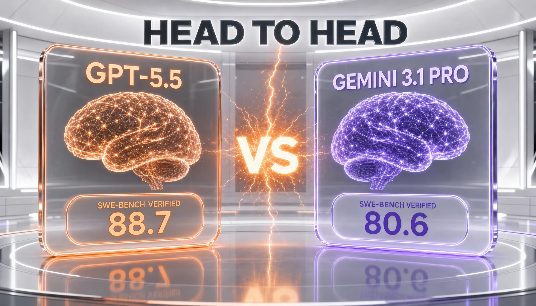 GPT-5.5 versus Gemini 3.1 Pro split-card showdown with benchmark badges