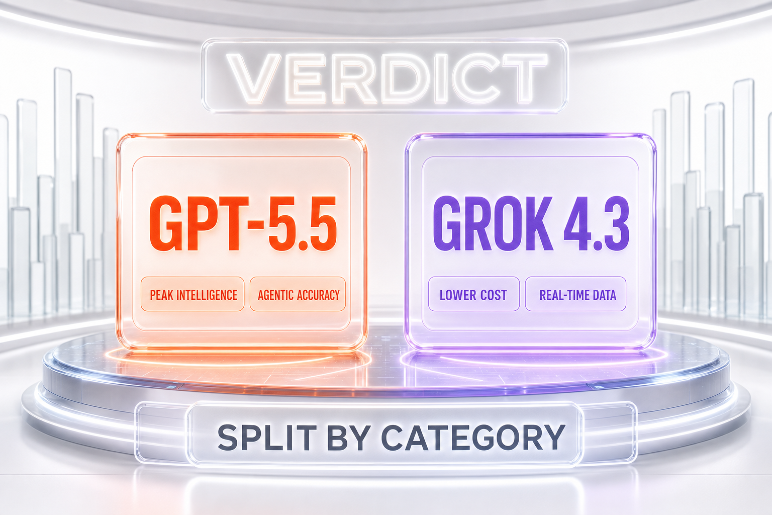 Verdict chart — GPT-5.5 wins peak intelligence and agentic accuracy, Grok 4.3 wins cost and real-time X data, shown as a split-by-category scoreboard