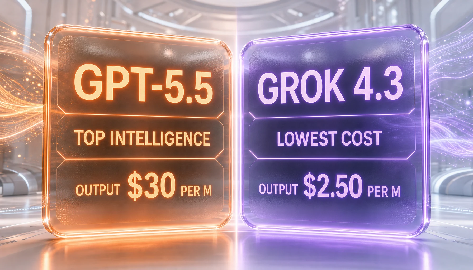 GPT-5.5 vs Grok 4.3 — two US frontier LLMs compared side-by-side on intelligence, agentic accuracy, and price per million tokens by ThePlanetTools