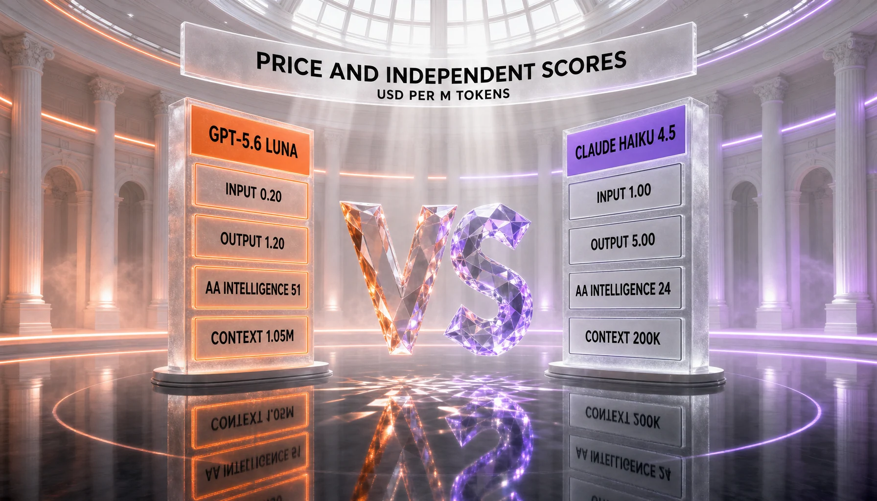 Price and independent scores — GPT-5.6 Luna at 0.20 input and 1.20 output versus Claude Haiku 4.5 at 1.00 input and 5.00 output in USD per million tokens, with AA Intelligence 51 versus 24 and a 1.05M versus 200K context window