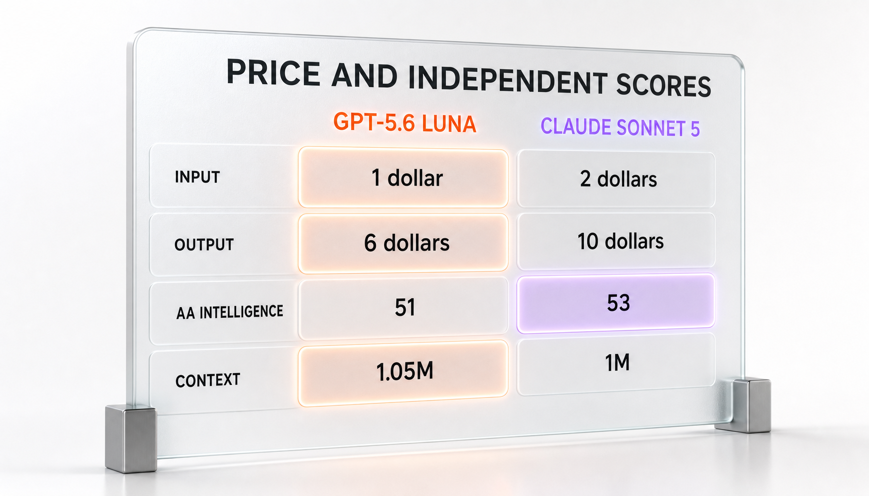 Price and independent scores — GPT-5.6 Luna vs Claude Sonnet 5: input, output, Artificial Analysis Intelligence, context window
