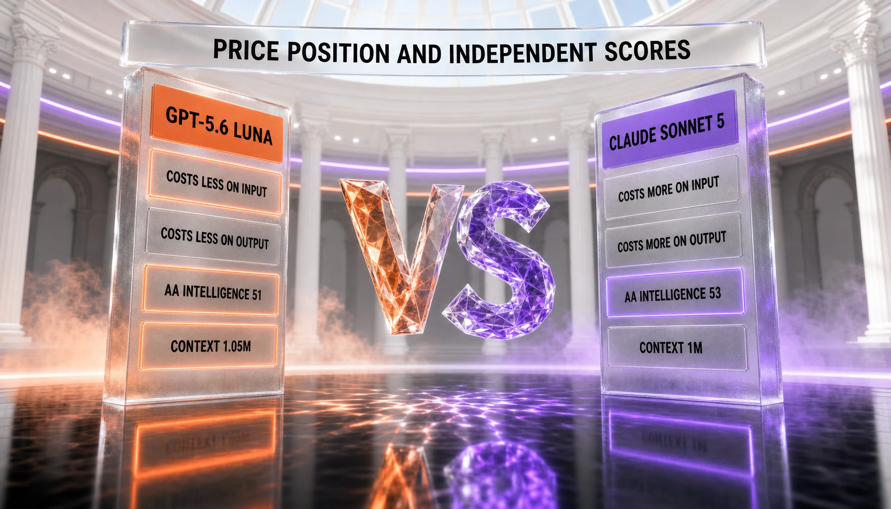 Price position and independent scores — GPT-5.6 Luna costs less than Claude Sonnet 5 on both input and output tokens, with AA Intelligence 51 versus 53 and a 1.05M versus 1M context window