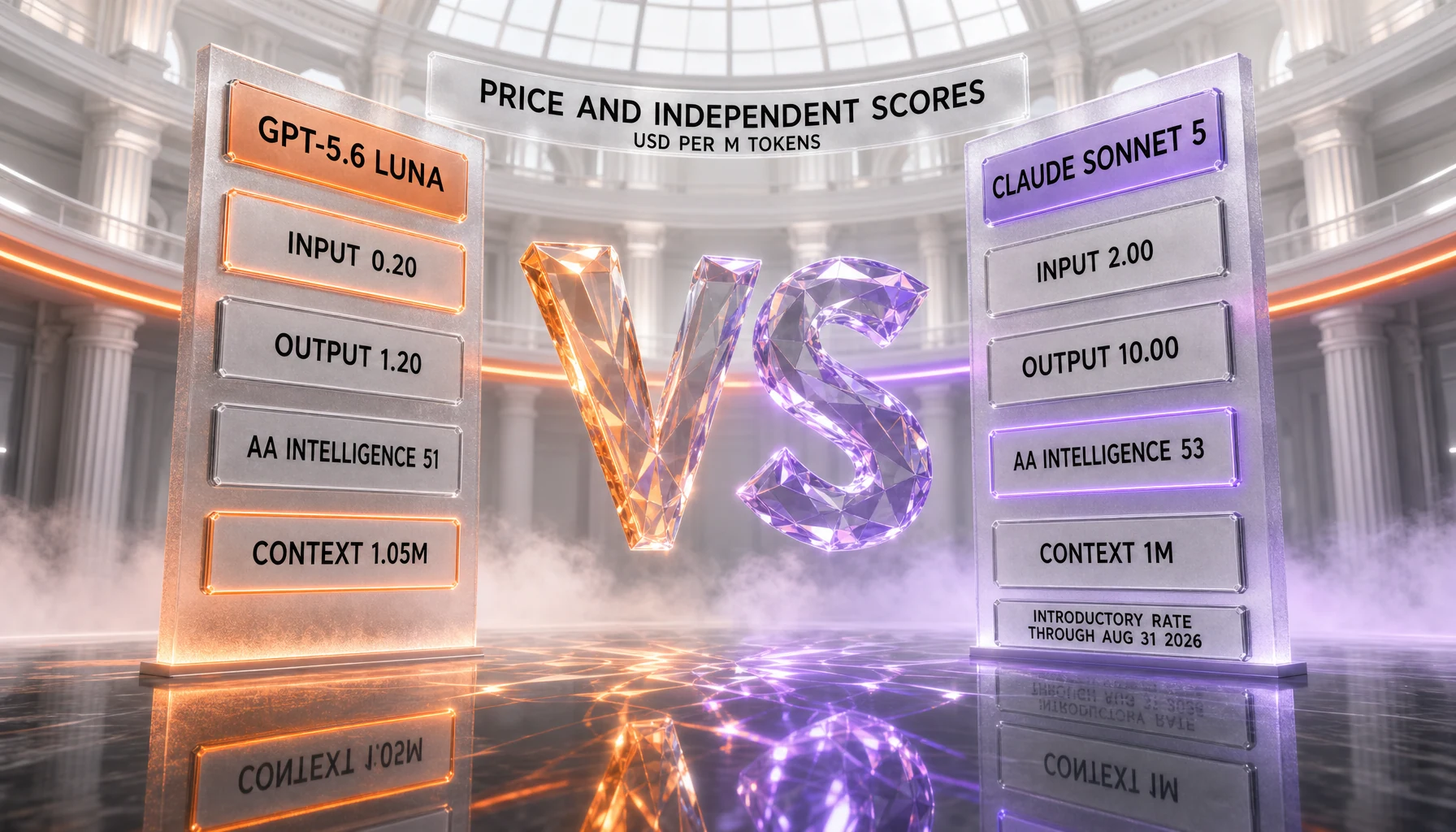 Price and independent scores — GPT-5.6 Luna at 0.20 input and 1.20 output versus Claude Sonnet 5 at 2.00 input and 10.00 output in USD per million tokens (Sonnet 5 introductory rate through August 31, 2026), with AA Intelligence 51 versus 53 and a 1.05M versus 1M context window