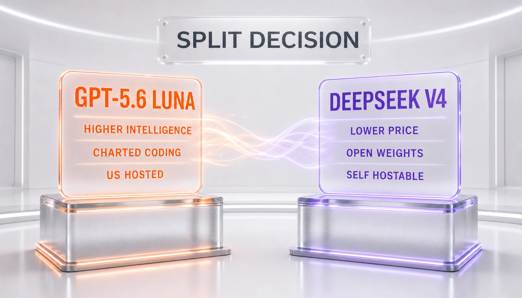 Verdict chart — GPT-5.6 Luna wins measured intelligence, image input, and US hosting; DeepSeek V4 wins price, open weights, and self-hosting, in a split decision