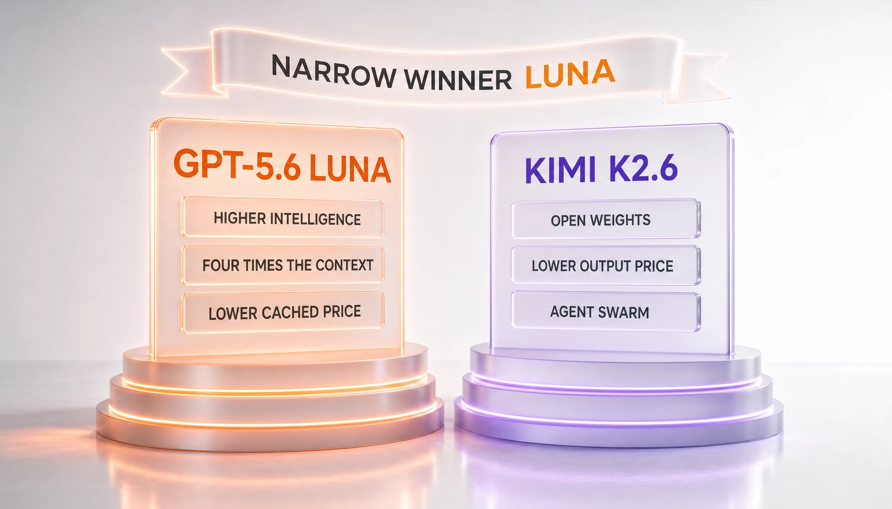 GPT-5.6 Luna vs Kimi K2.6 verdict — Luna is the narrow overall winner on intelligence and context; Kimi K2.6 wins open weights and output price