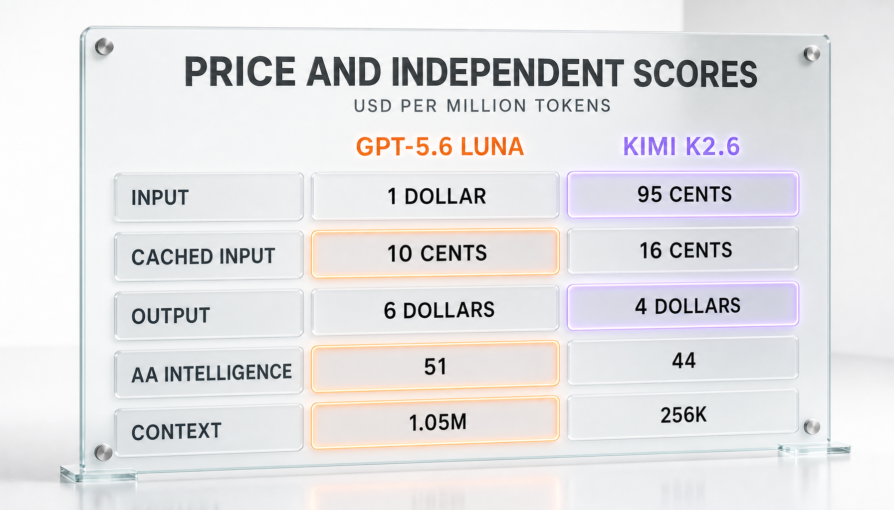 Price and independent scores — GPT-5.6 Luna vs Kimi K2.6: input, cached input, output, Artificial Analysis Intelligence, and context window