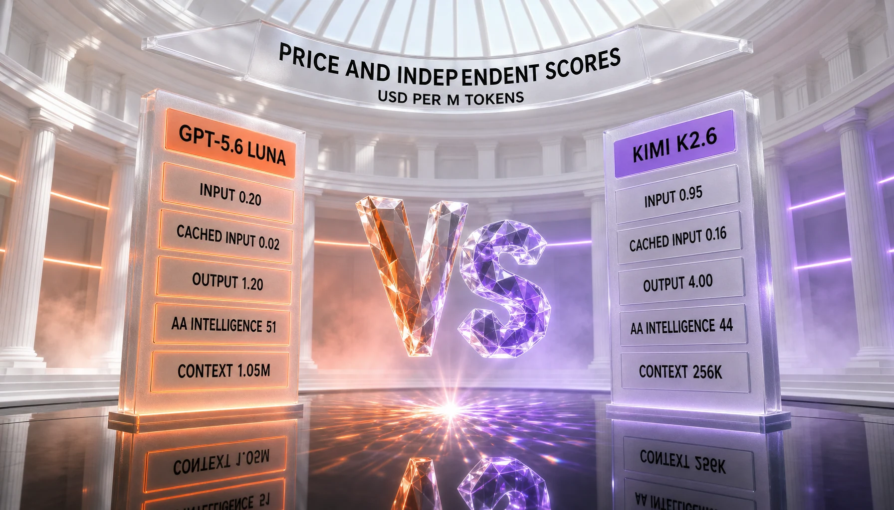 Price and independent scores — GPT-5.6 Luna at 0.20 input, 0.02 cached input and 1.20 output versus Kimi K2.6 at 0.95 input, 0.16 cached input and 4.00 output in USD per million tokens, with AA Intelligence 51 versus 44 and a 1.05M versus 256K context window