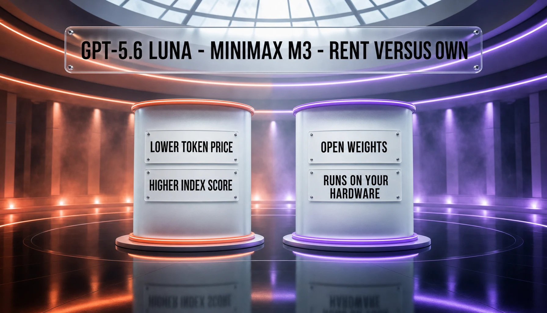 Two equal podiums: GPT-5.6 Luna takes the lower token price and the higher index score, MiniMax M3 takes open weights and self-hosting