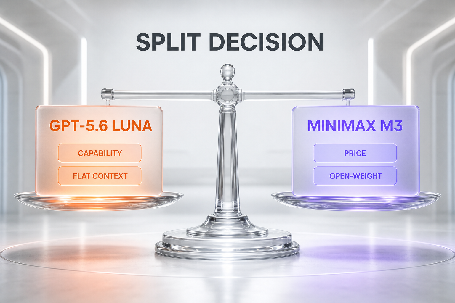 Verdict chart — a split decision: GPT-5.6 Luna wins independent capability and flat long-context pricing, MiniMax M3 wins price and open-weight self-hosting, shown on a perfectly balanced scale