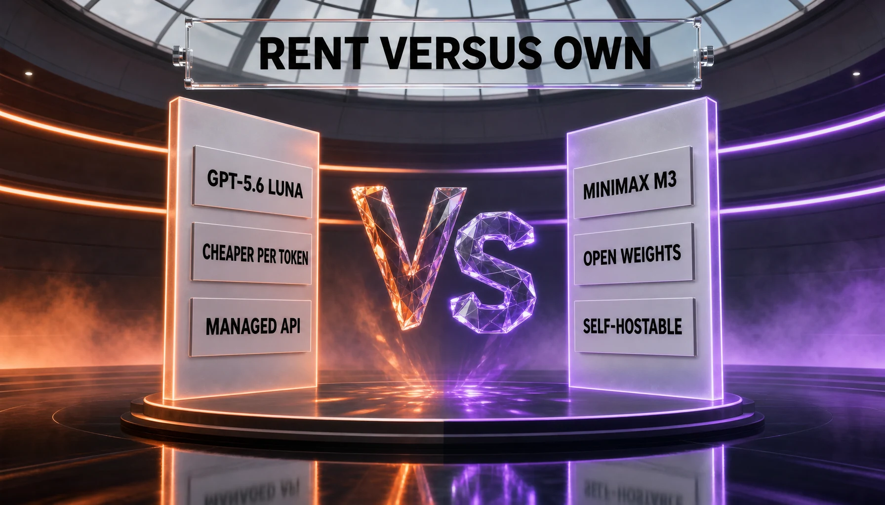 GPT-5.6 Luna as a managed API against MiniMax M3 as an open-weight self-hostable model, framed as a rent-versus-own decision