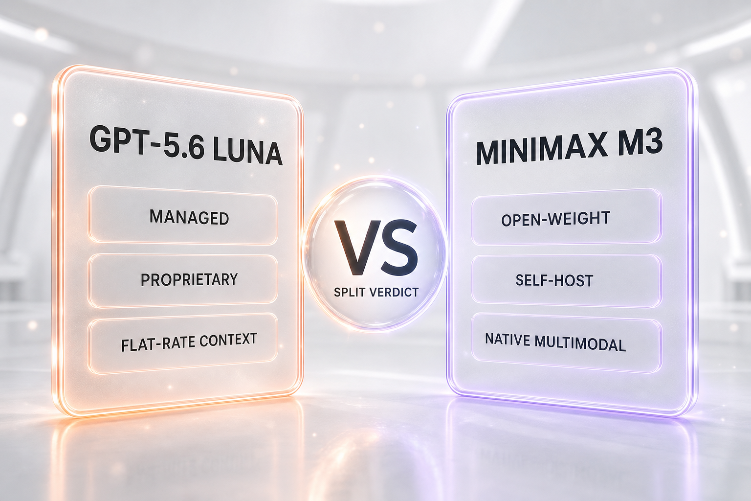 GPT-5.6 Luna vs MiniMax M3 — OpenAI's managed, proprietary efficiency tier against MiniMax's open-weight, self-hostable budget model, with independent scores and vendor-verified pricing compared side-by-side by ThePlanetTools