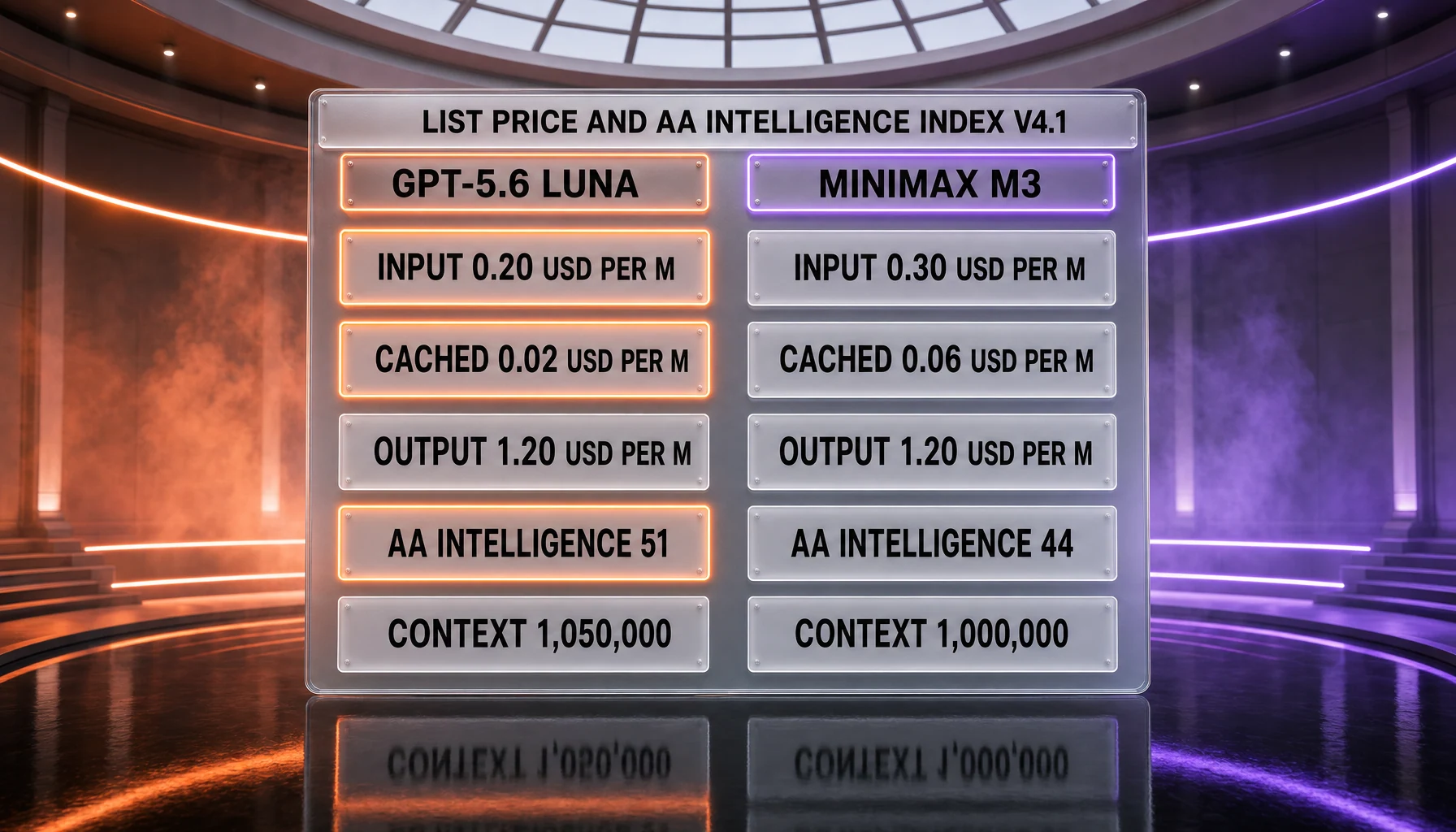 GPT-5.6 Luna against MiniMax M3: Luna is cheaper on input and cached input, both charge 1.20 dollars per million output tokens, and Luna scores 51 against 44 on the Artificial Analysis Intelligence Index v4.1