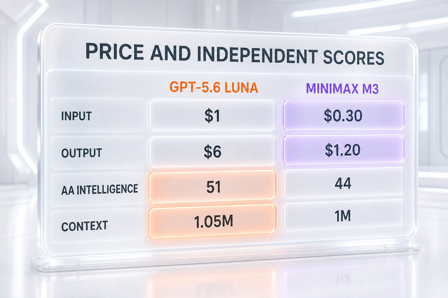 GPT-5.6 Luna vs MiniMax M3 infographic — input price, output price, the independent Artificial Analysis Intelligence Index 51 to 44, and context window compared side-by-side, with each row highlighting the winner