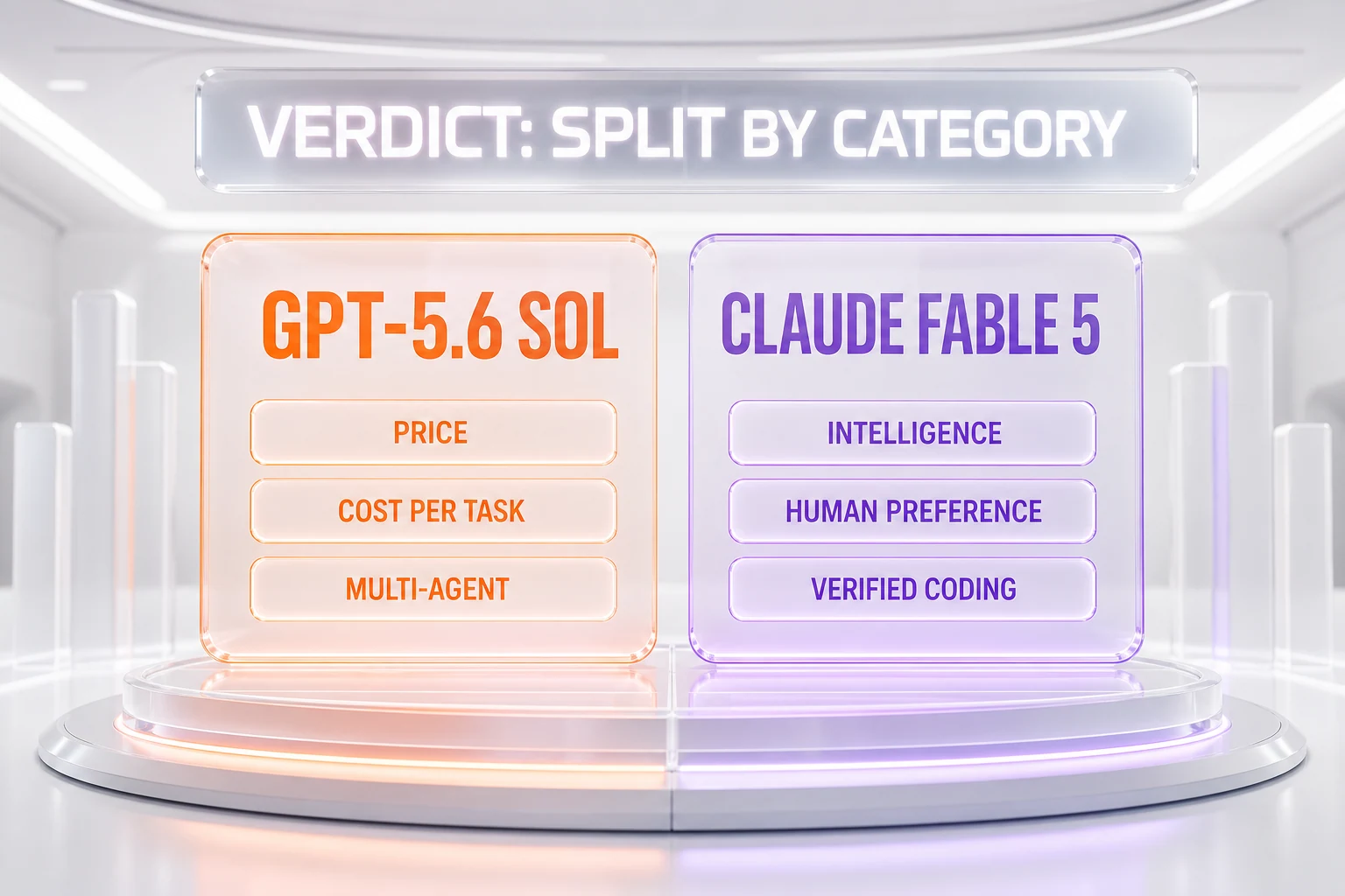 Verdict chart — GPT-5.6 Sol wins price, cost per task, and multi-agent workloads; Claude Fable 5 wins intelligence, human preference, and verified coding, split by category