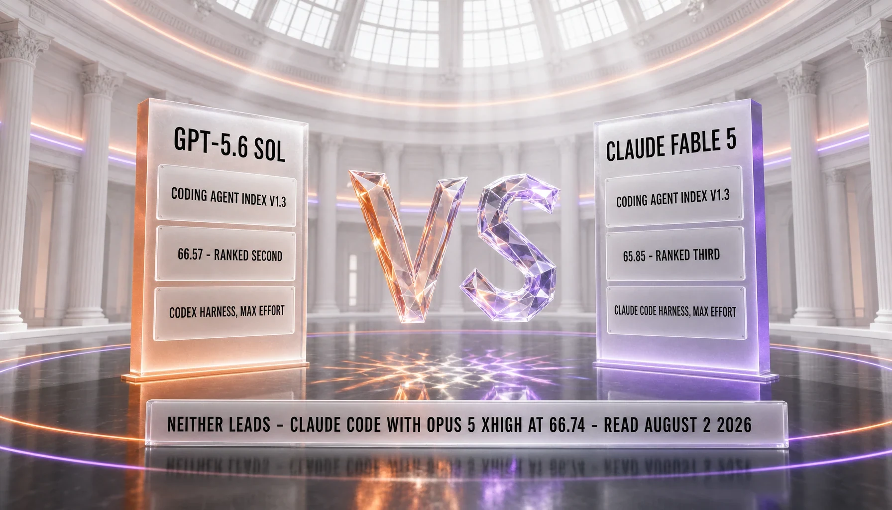 GPT-5.6 Sol versus Claude Fable 5 on the Artificial Analysis Coding Agent Index v1.3 — Sol at 66.57 ranked second through the Codex harness at max effort, Fable 5 at 65.85 ranked third through the Claude Code harness at max effort; neither leads the index, Claude Code running Opus 5 xhigh does at 66.74