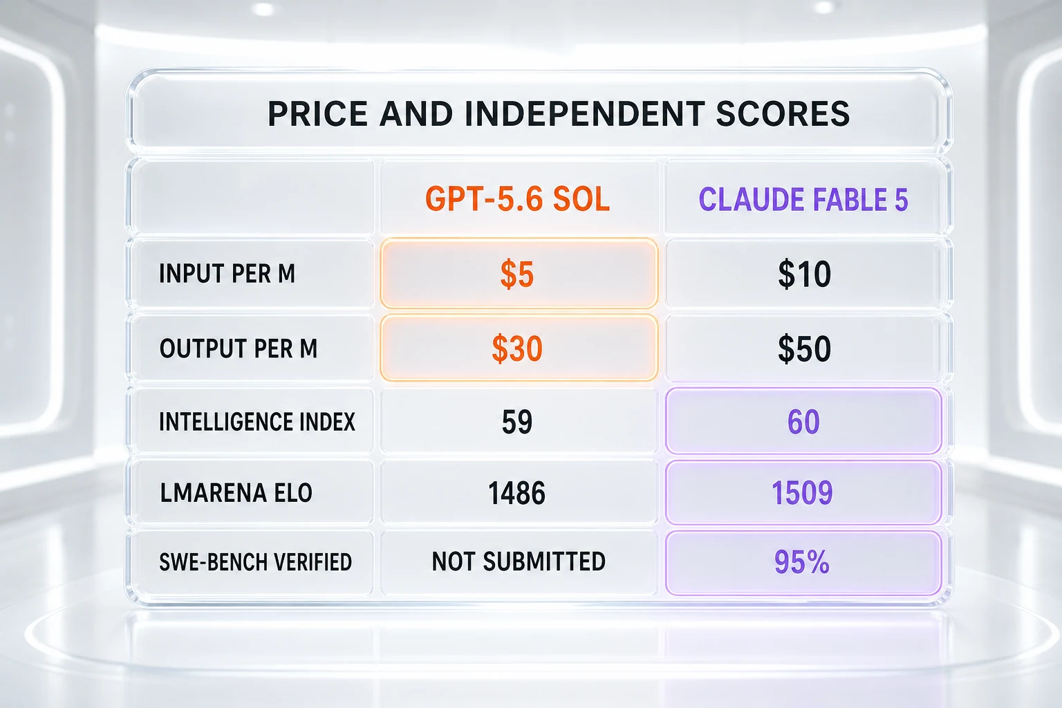 Price and independent scores — GPT-5.6 Sol at 5 dollars input and 30 dollars output versus Claude Fable 5 at 10 dollars input and 50 dollars output per million tokens, with Intelligence Index, LMArena Elo, and SWE-bench Verified