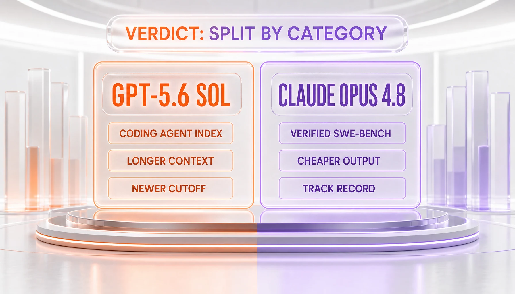 GPT-5.6 Sol vs Claude Opus 4.8 verdict — Sol takes the coding-agent index, longer context, and newer cutoff; Opus 4.8 wins verified SWE-bench, cheaper output, and track record