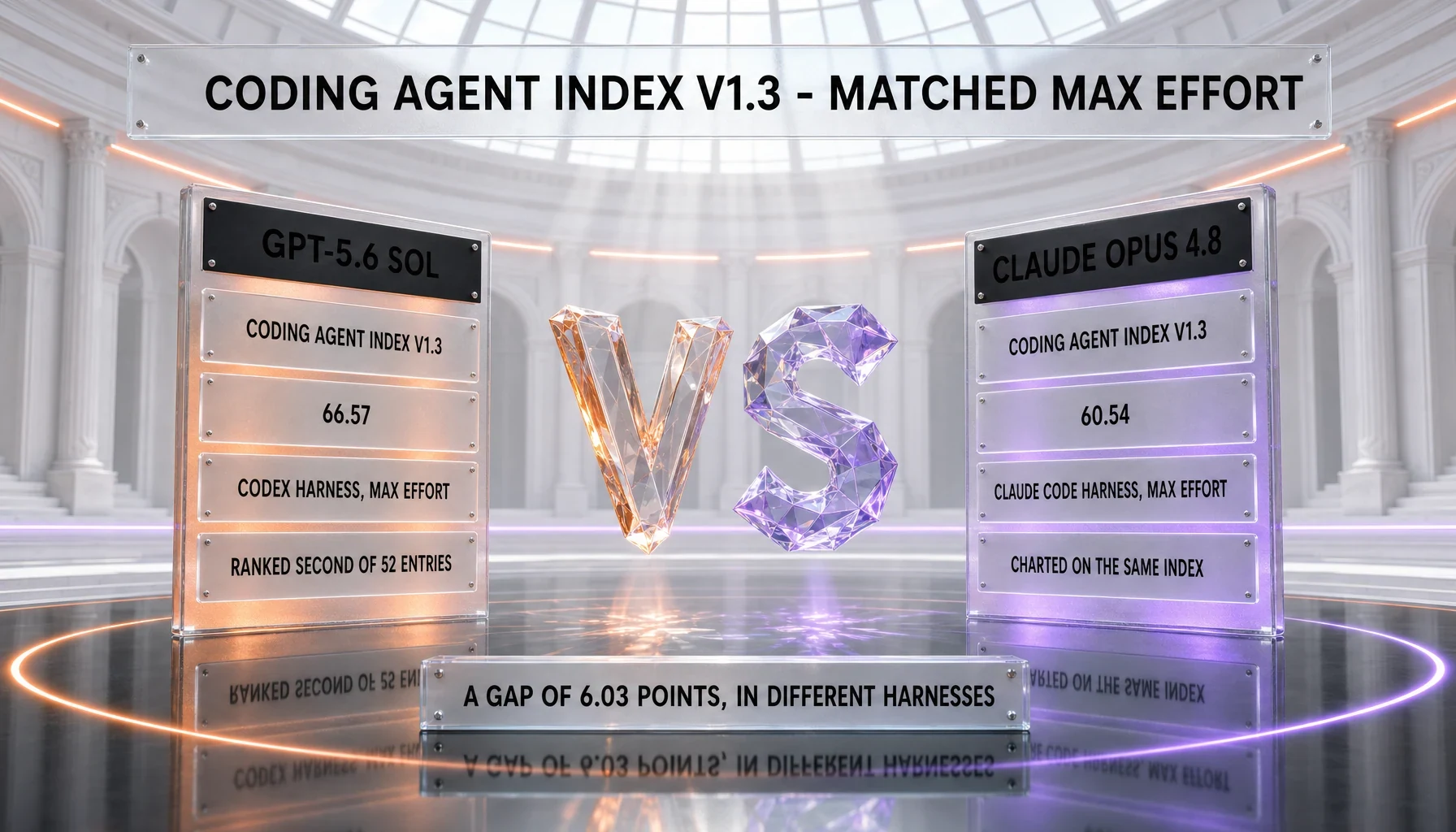 Artificial Analysis Coding Agent Index v1.3 at matched max reasoning effort: GPT-5.6 Sol scores 66.57 through the Codex harness, ranked second of 52 entries, and Claude Opus 4.8 scores 60.54 through the Claude Code harness — both charted, a gap of 6.03 points