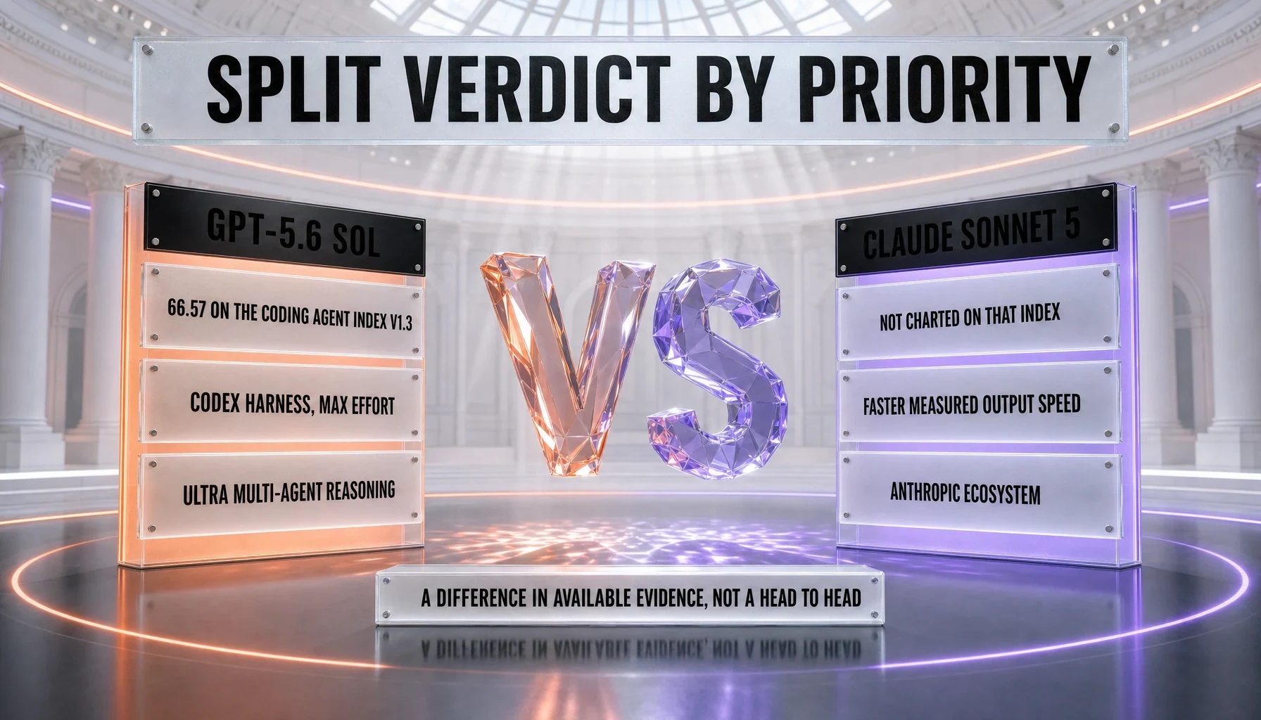 Split verdict by priority: GPT-5.6 Sol scores 66.57 on the Artificial Analysis Coding Agent Index v1.3 through the Codex harness at max reasoning effort and adds ultra multi-agent reasoning, while Claude Sonnet 5 is not charted on that index but has faster measured output speed and the Anthropic ecosystem