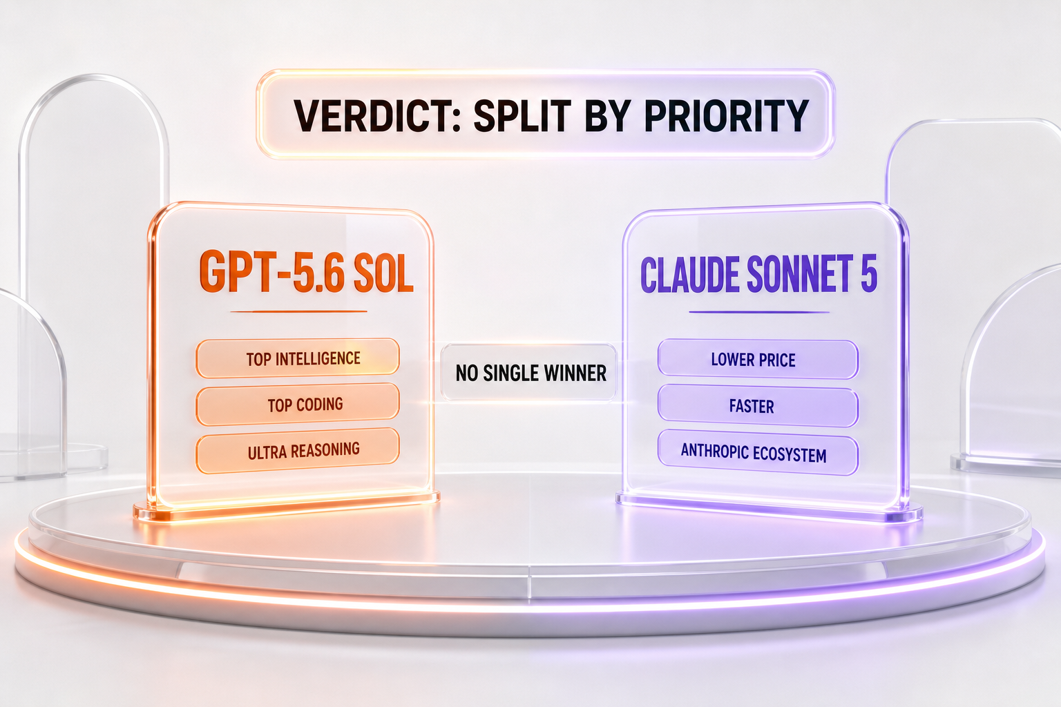 Verdict chart — GPT-5.6 Sol wins top intelligence, the No.1 coding index, and ultra reasoning; Claude Sonnet 5 wins lower price, faster measured speed, and the Anthropic ecosystem, split by priority with no single winner