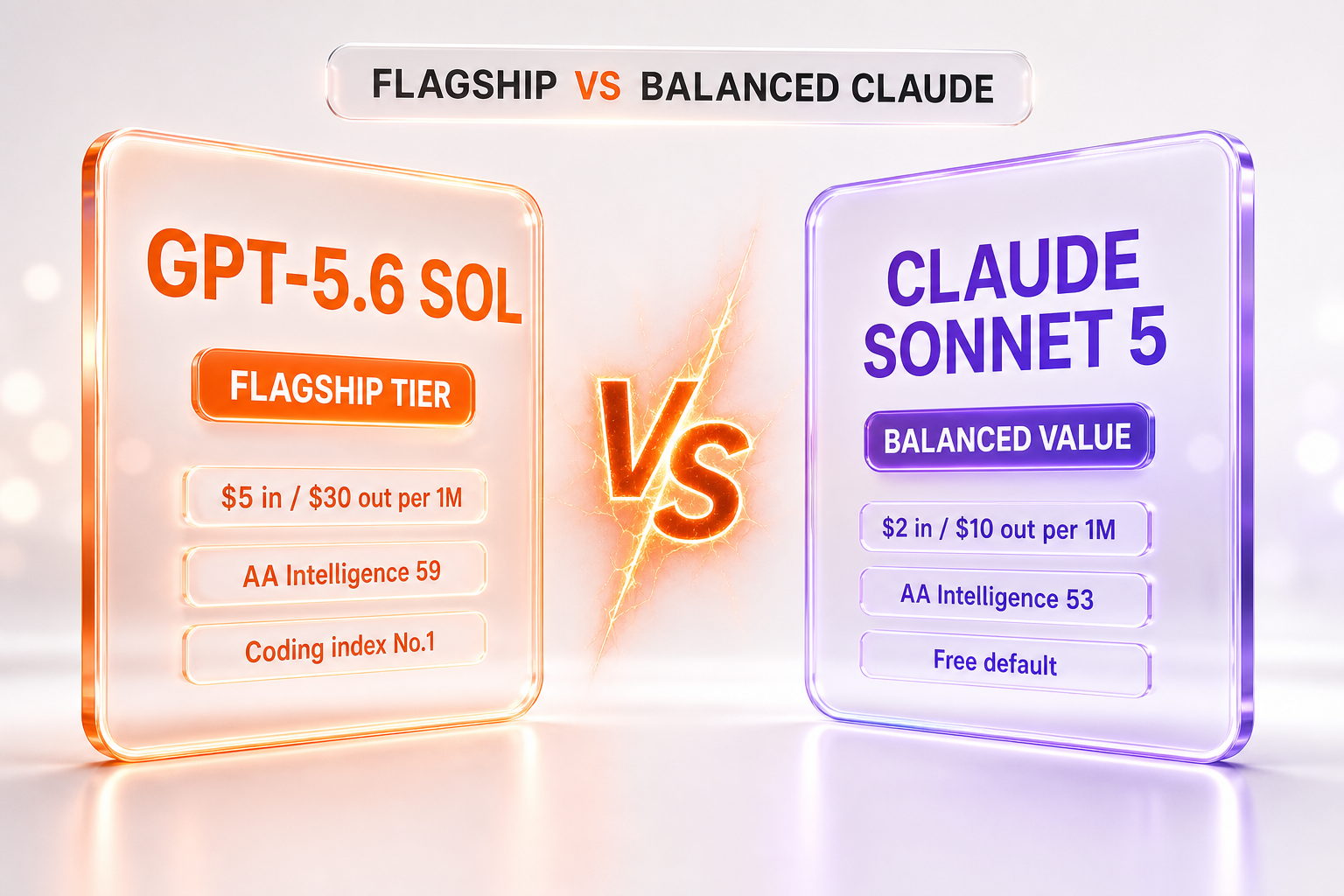 GPT-5.6 Sol vs Claude Sonnet 5 — OpenAI's premium flagship tier against Anthropic's balanced value model, with token pricing, context, and independent benchmarks compared side-by-side by ThePlanetTools