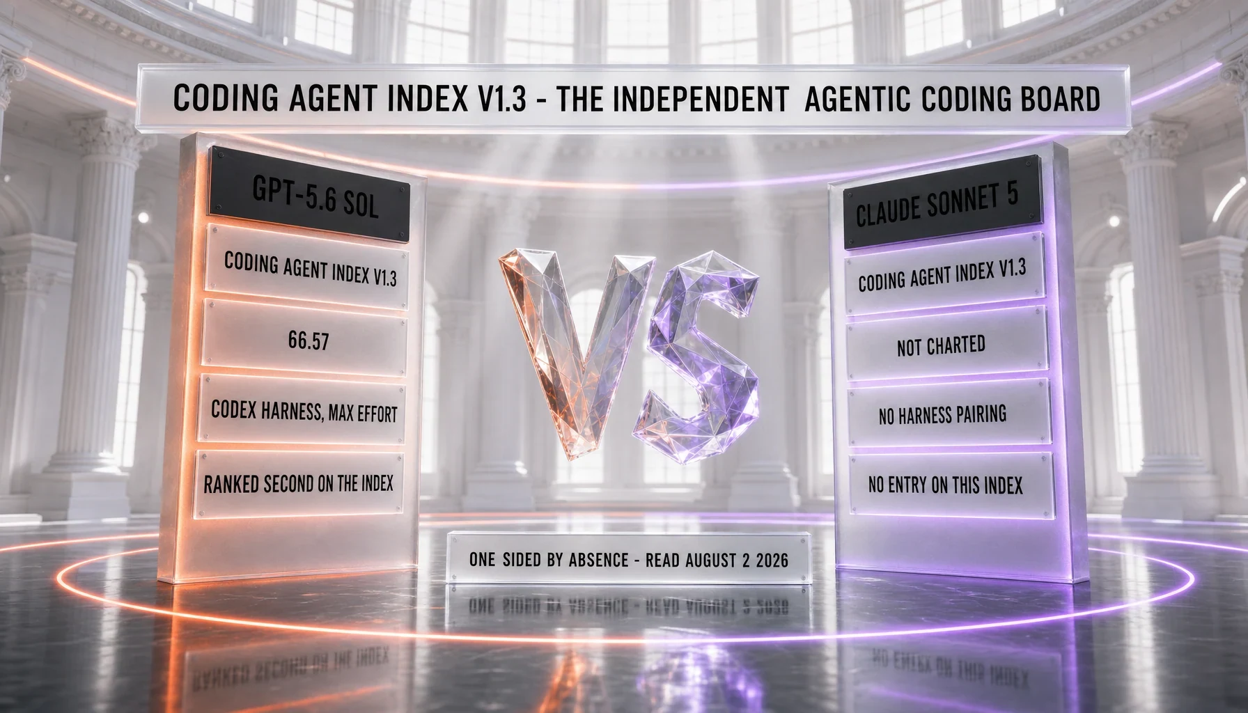Artificial Analysis Coding Agent Index v1.3: GPT-5.6 Sol scores 66.57 through the Codex harness at max reasoning effort and is ranked second on the index, while Claude Sonnet 5 is not charted, has no harness pairing and no entry on that index