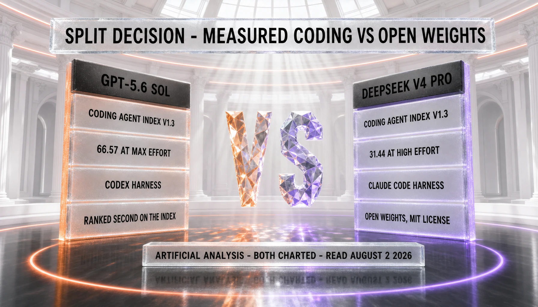 Split decision on the Artificial Analysis Coding Agent Index v1.3, read August 2, 2026: GPT-5.6 Sol scores 66.57 at max effort through the Codex harness and is ranked second on that index, while DeepSeek V4 Pro scores 31.44 at high effort through the Claude Code harness and ships open weights under an MIT license — both models charted, each on its own harness