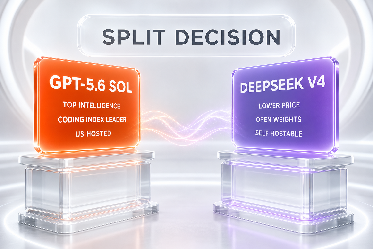 Verdict chart — GPT-5.6 Sol wins measured intelligence, charted coding, and US hosting; DeepSeek V4 wins price, open weights, and self-hosting, in a split decision