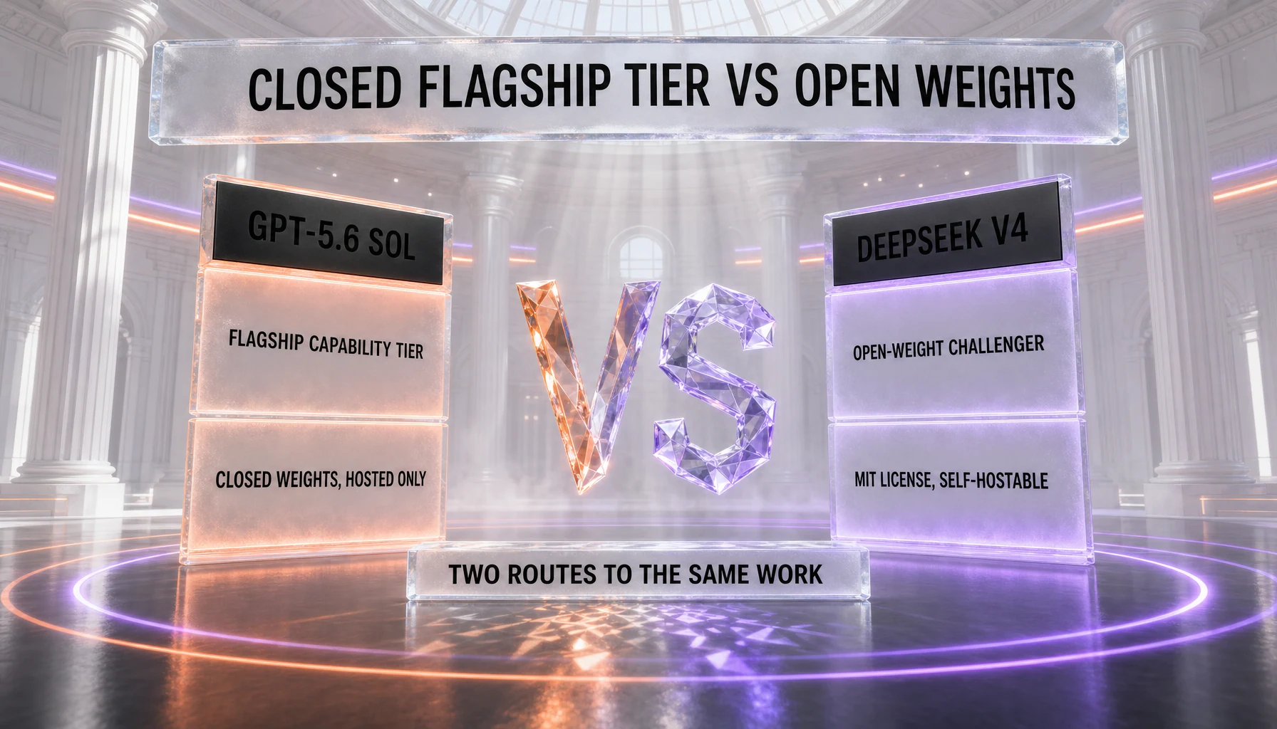 GPT-5.6 Sol versus DeepSeek V4 in a white arena: Sol stands as a closed flagship capability tier with closed, hosted-only weights, while DeepSeek V4 stands as the open-weight challenger under an MIT license you can self-host, the two panels shown at identical size with a faceted crystal VS between them