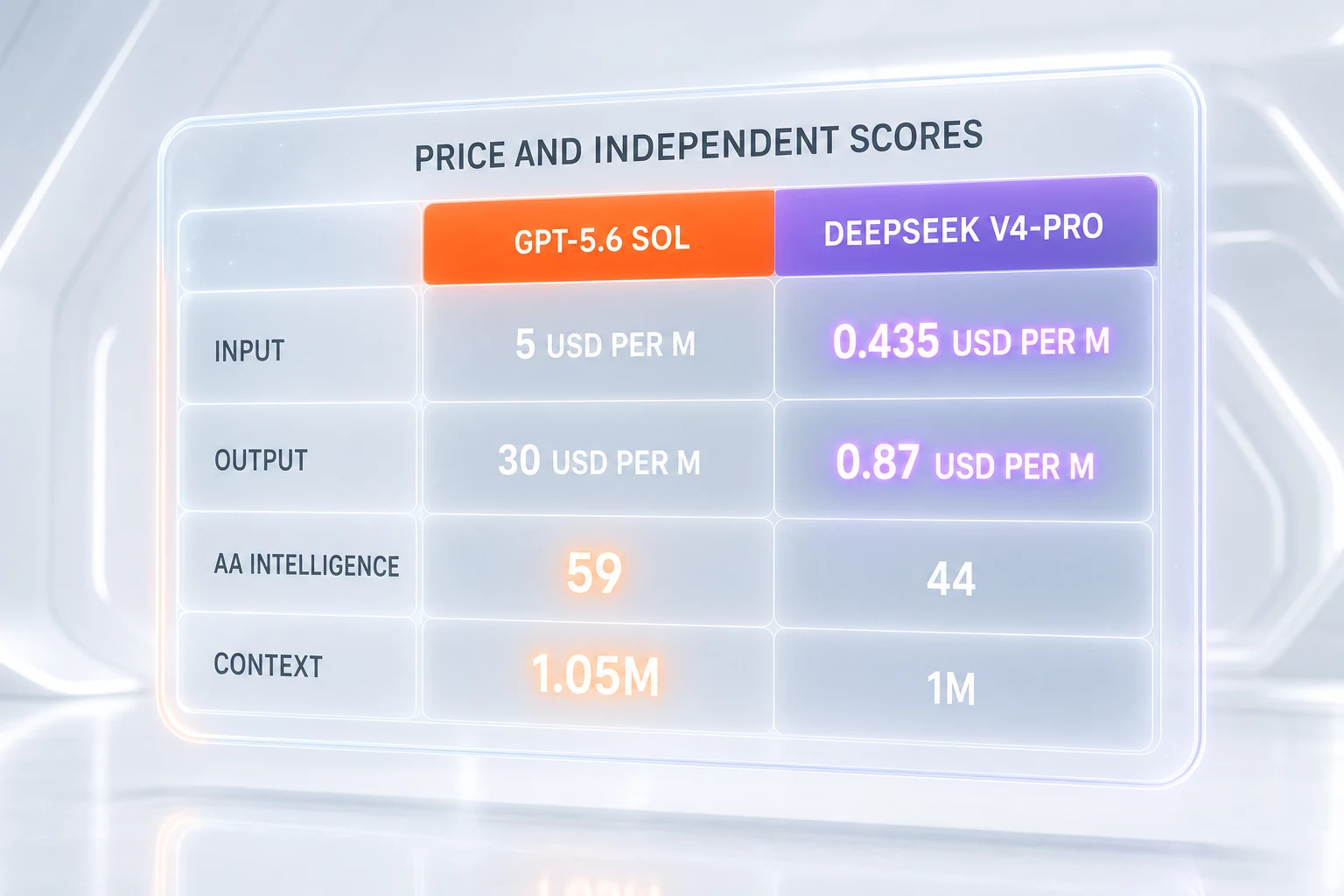 GPT-5.6 Sol vs DeepSeek V4 infographic as published in July 2026 — input and output price, Artificial Analysis Intelligence Index, and context window compared side-by-side, with each row highlighting the winner