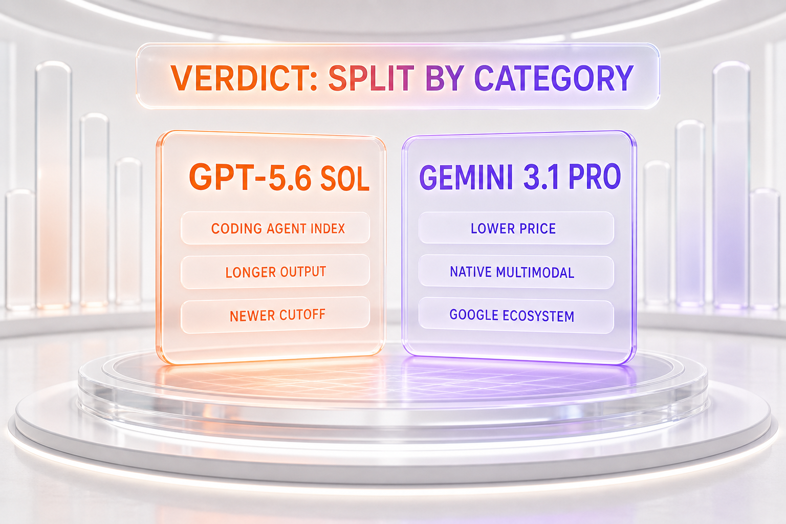 Verdict chart — GPT-5.6 Sol wins the Coding Agent Index, longer output, and newer cutoff; Gemini 3.1 Pro wins lower price, native multimodal, and Google ecosystem, split by category