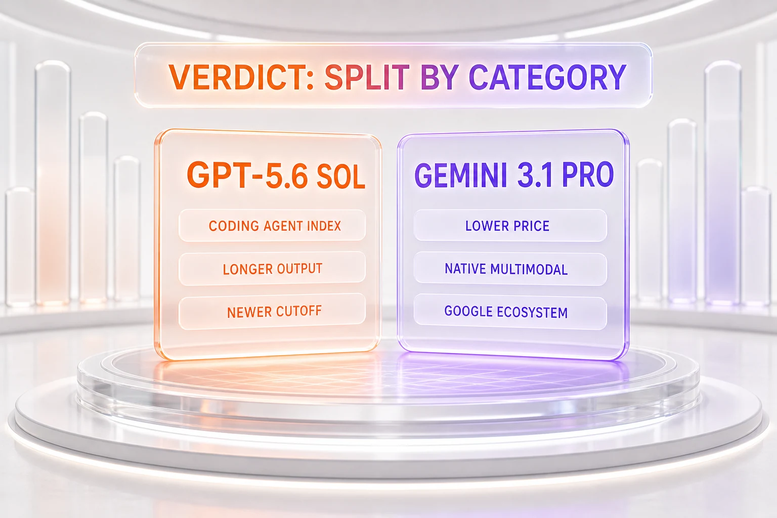 Verdict chart — GPT-5.6 Sol wins the Coding Agent Index, longer output, and newer cutoff; Gemini 3.1 Pro wins lower price, native multimodal, and Google ecosystem, split by category