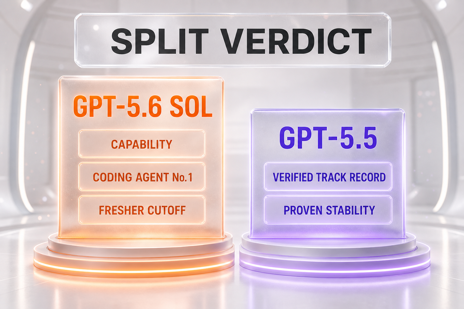 Verdict chart splitting the decision: GPT-5.6 Sol for capability, coding-agent ranking, reasoning depth and freshness; GPT-5.5 for verified track record and stability