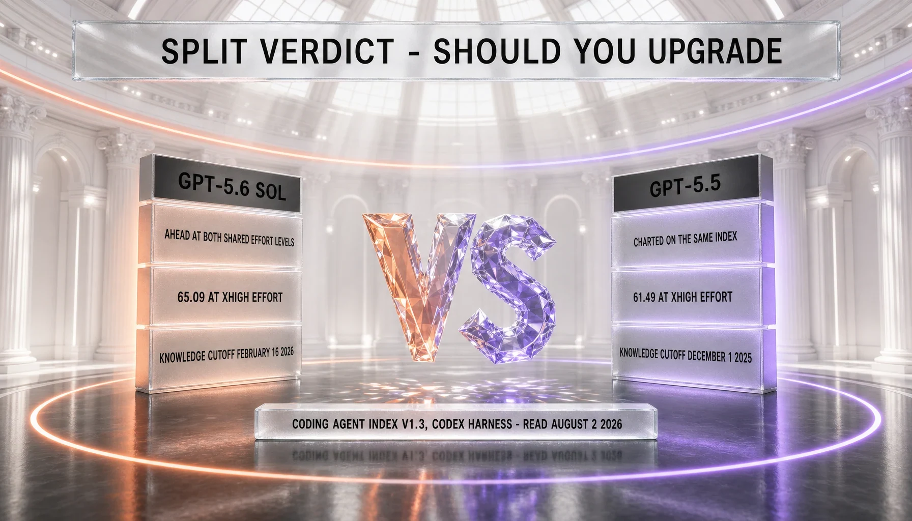 Split verdict on the GPT-5.6 Sol upgrade: Sol is ahead at both shared effort levels with 65.09 at xhigh effort and a February 16, 2026 knowledge cutoff, while GPT-5.5 is charted on the same index at 61.49 at xhigh effort with a December 1, 2025 cutoff