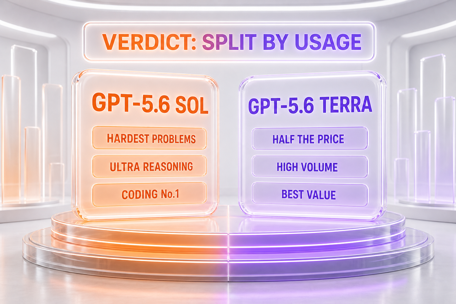 Verdict chart — GPT-5.6 Sol wins hardest problems, ultra reasoning, and the No.1 coding index; GPT-5.6 Terra wins half the price, high volume, and best value, split by usage