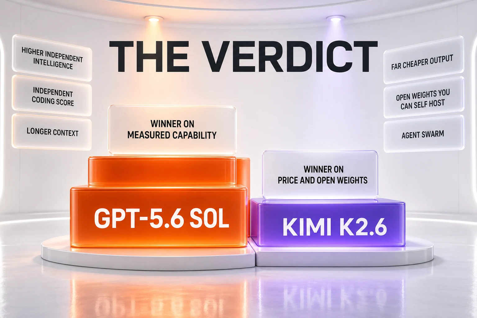 GPT-5.6 Sol vs Kimi K2.6 verdict illustration — Sol wins measured intelligence and context, Kimi K2.6 wins price and open weights