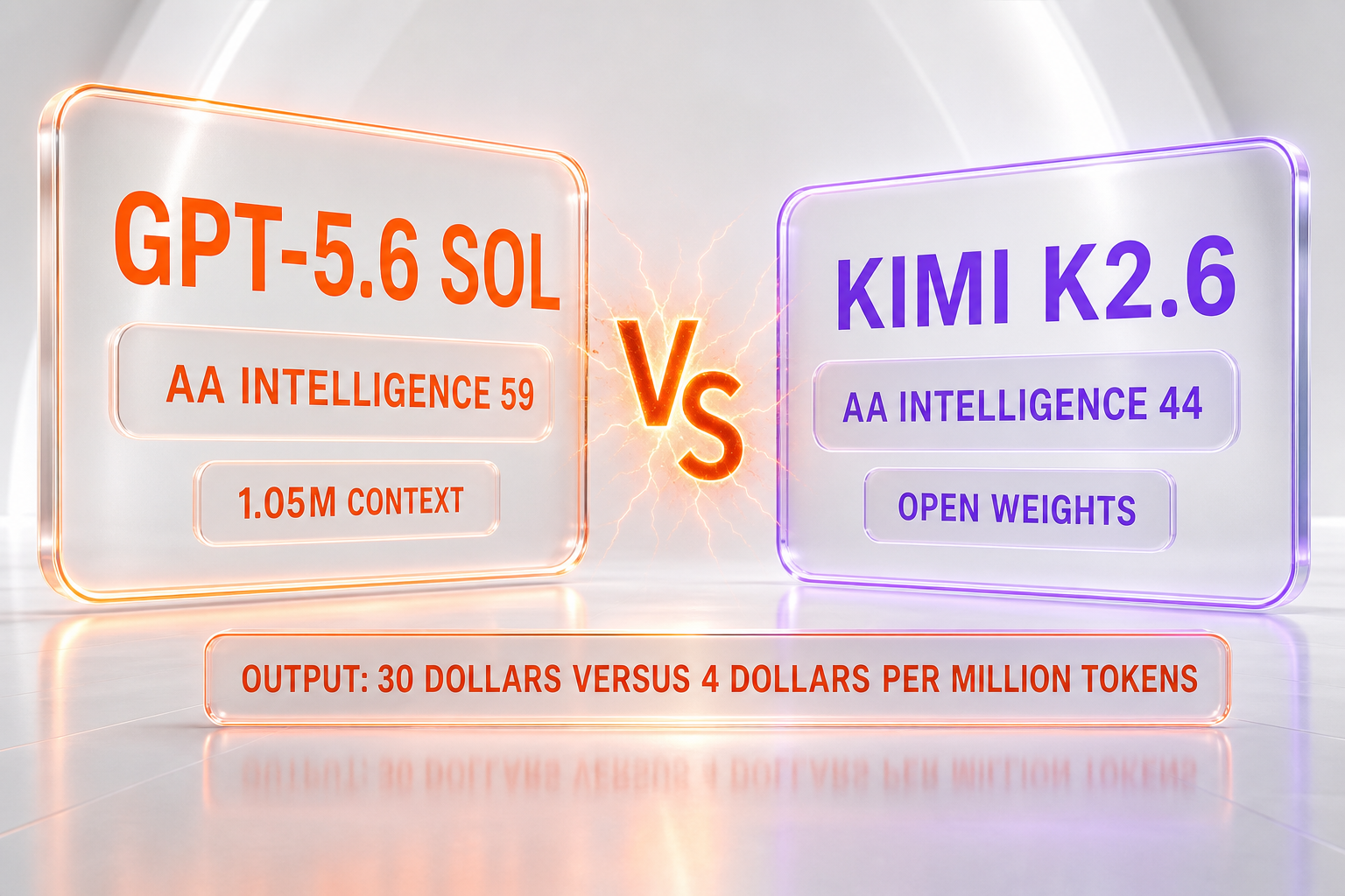 GPT-5.6 Sol vs Kimi K2.6 comparison illustration — 59 versus 44 on the Artificial Analysis Intelligence Index against a five-times price gap