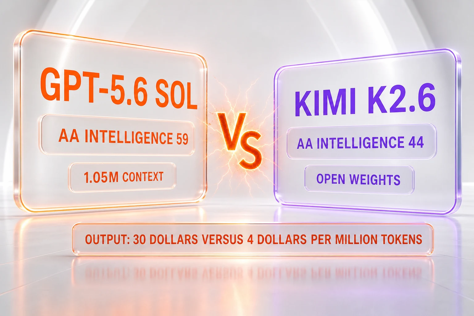GPT-5.6 Sol vs Kimi K2.6 comparison illustration — 59 versus 44 on the Artificial Analysis Intelligence Index against a five-times price gap