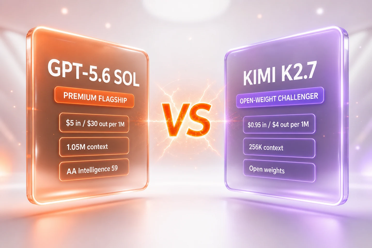 GPT-5.6 Sol vs Kimi K2.7 Code — OpenAI's premium closed flagship against Moonshot AI's open-weight challenger, with token pricing, context, and independent benchmarks compared side-by-side by ThePlanetTools