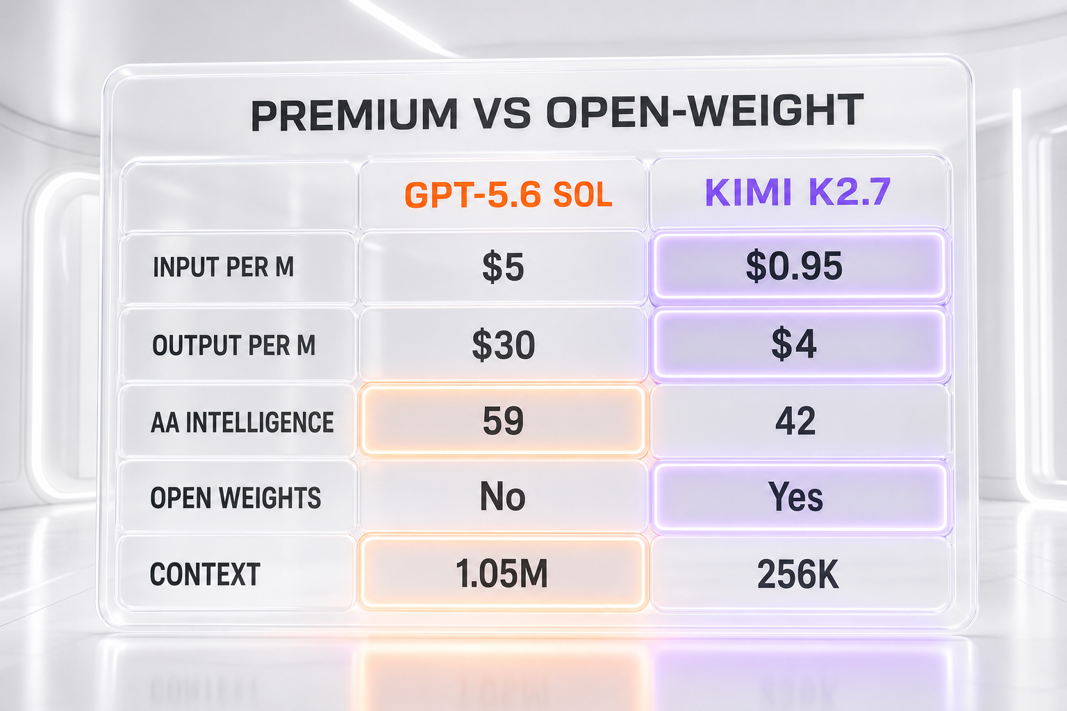 Premium versus open-weight — GPT-5.6 Sol at 5 dollars input and 30 dollars output versus Kimi K2.7 at 0.95 dollars input and 4 dollars output per million tokens, with AA Intelligence 59 versus 42, open weights No versus Yes, and context 1.05M versus 256K, each row's winner highlighted