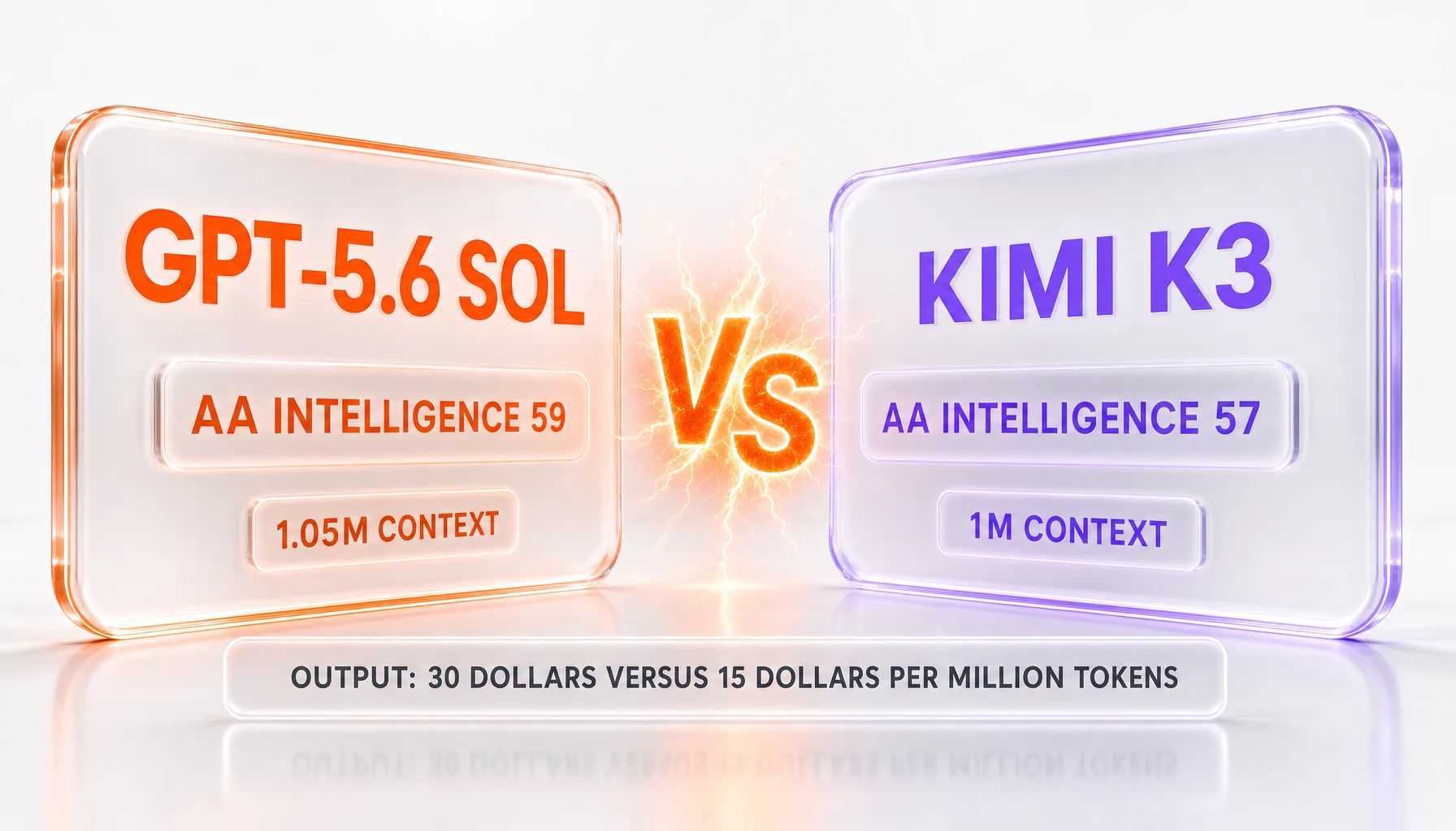 GPT-5.6 Sol vs Kimi K3 — OpenAI's premium closed flagship against Moonshot AI's open-weight challenger, with token pricing, context, and the independent Artificial Analysis Intelligence Index compared side-by-side by ThePlanetTools