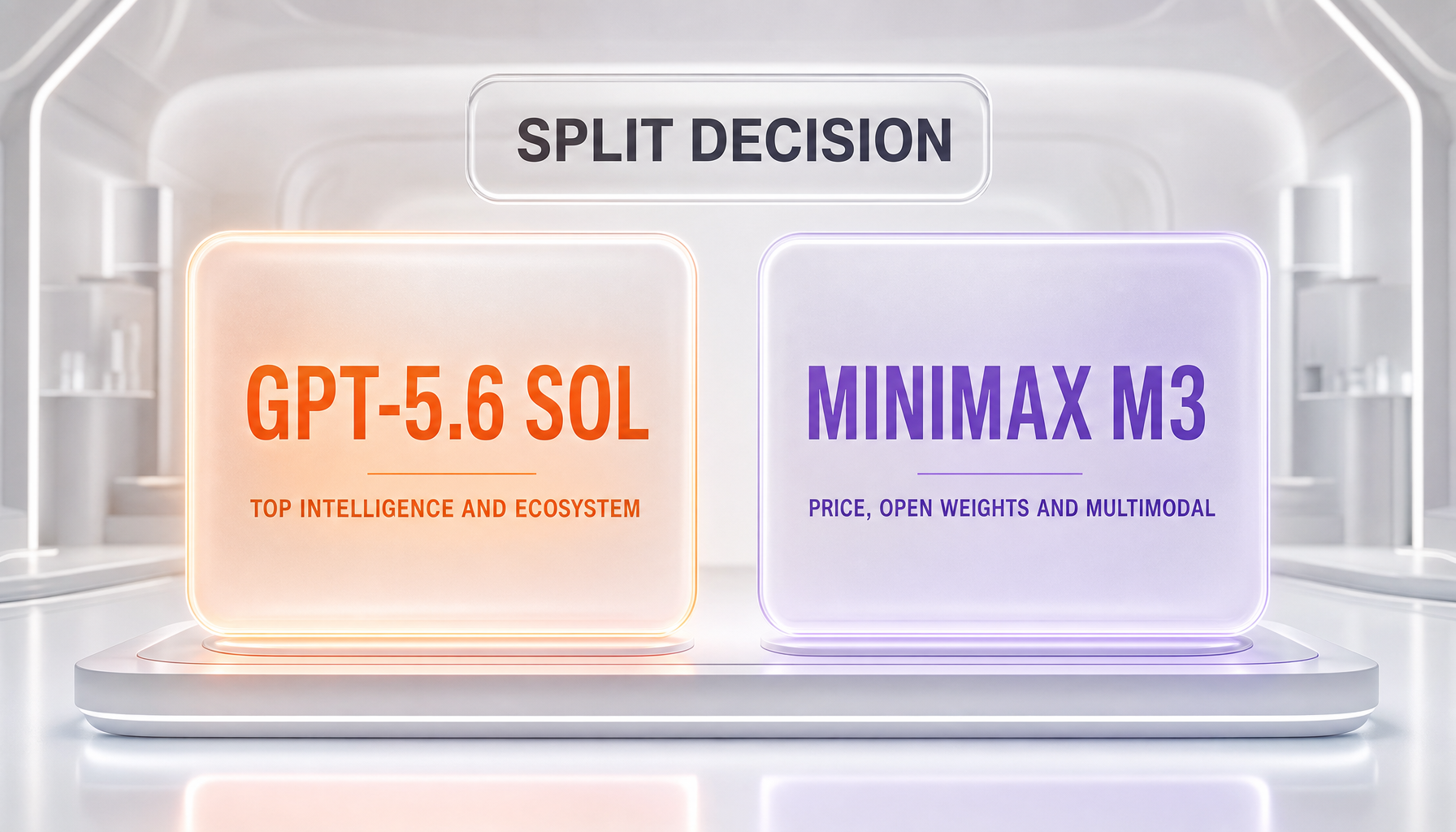 A split-decision verdict visualization: GPT-5.6 Sol glowing orange for top measured intelligence and the OpenAI ecosystem, balanced against MiniMax M3 glowing violet for price, open weights, and native multimodality