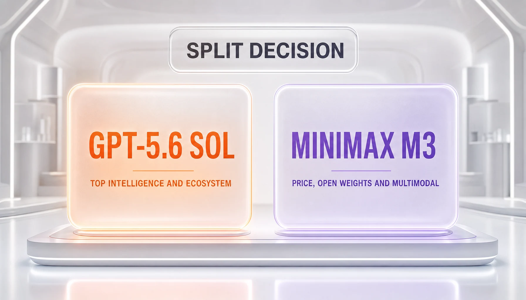 A split-decision verdict visualization: GPT-5.6 Sol glowing orange for top measured intelligence and the OpenAI ecosystem, balanced against MiniMax M3 glowing violet for price, open weights, and native multimodality