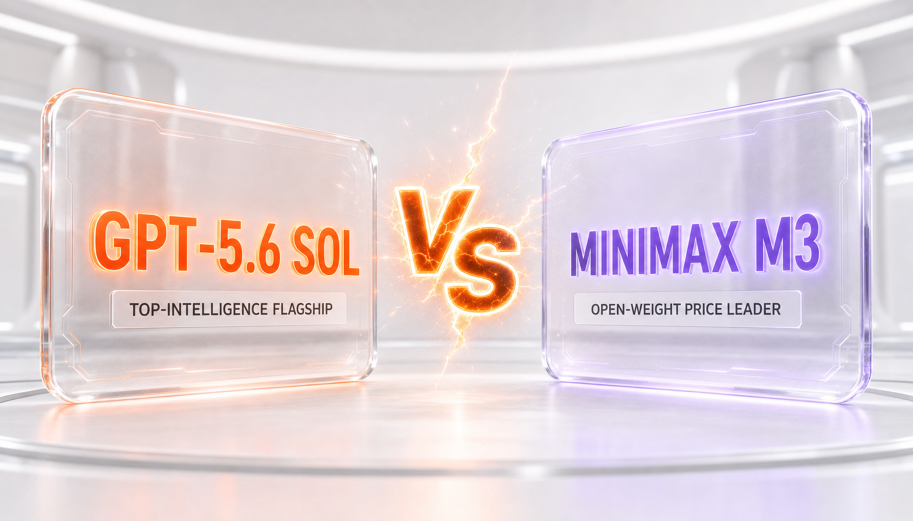 GPT-5.6 Sol vs MiniMax M3 — OpenAI's top-intelligence closed flagship against MiniMax's open-weight, self-hostable price leader, with independent Artificial Analysis benchmarks and vendor-verified pricing compared side-by-side on ThePlanetTools.ai