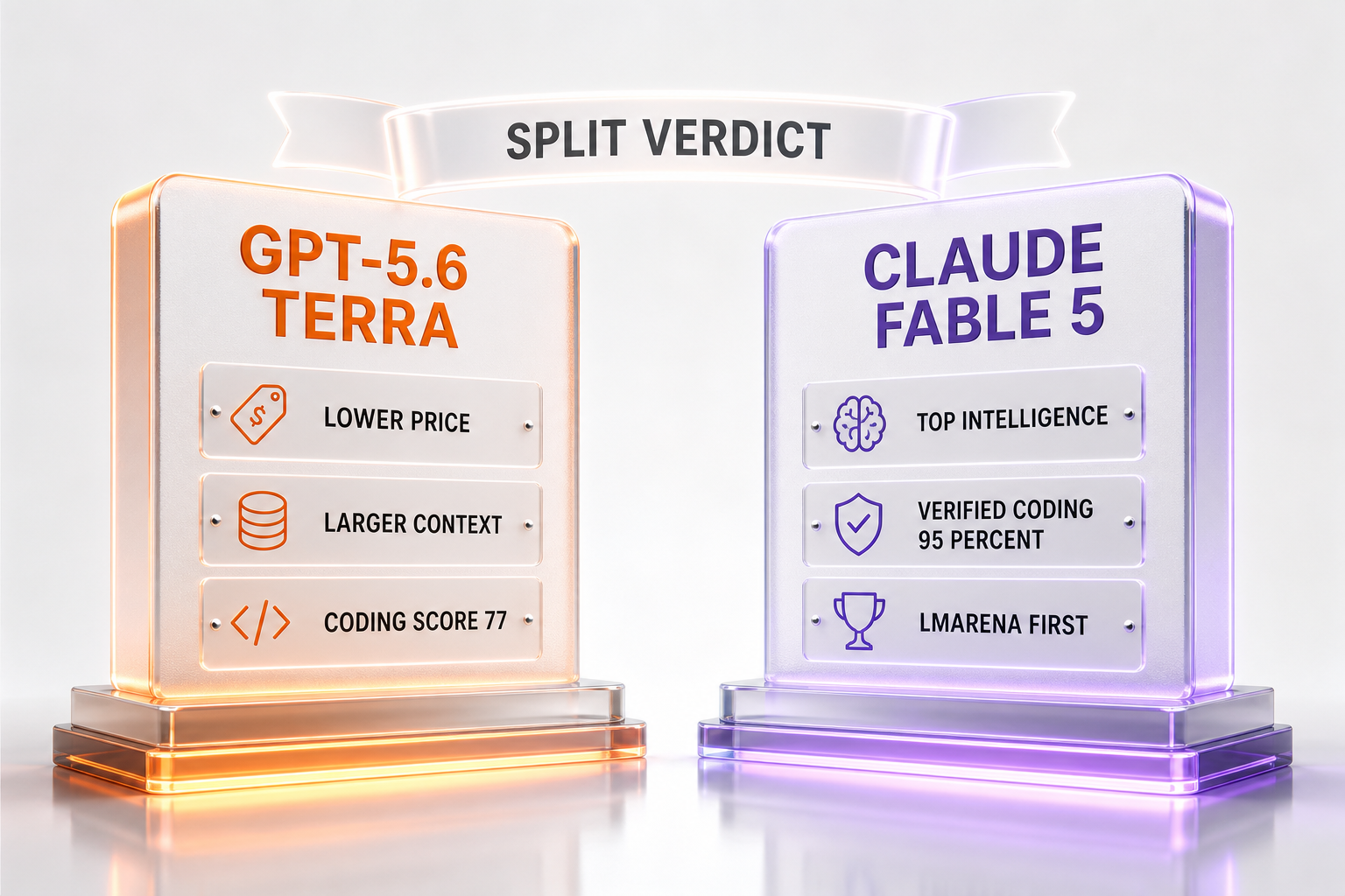 Split verdict: GPT-5.6 Terra wins on lower price, larger context, and a charted coding score; Claude Fable 5 wins on top intelligence, 95 percent verified coding, and first on LMArena