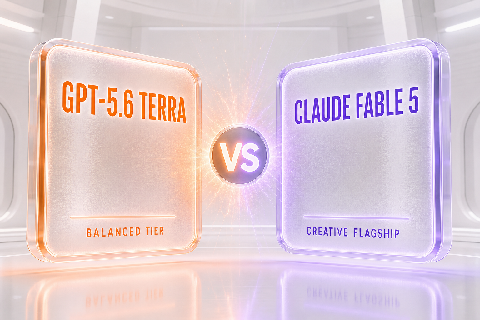 GPT-5.6 Terra versus Claude Fable 5 shown as two glassmorphism cards facing off, OpenAI's balanced tier against Anthropic's creative flagship
