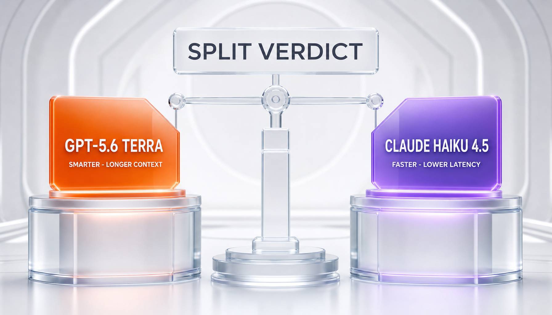 GPT-5.6 Terra vs Claude Haiku 4.5 verdict illustration — split decision, Terra smarter with longer context, Haiku 4.5 faster with lower latency