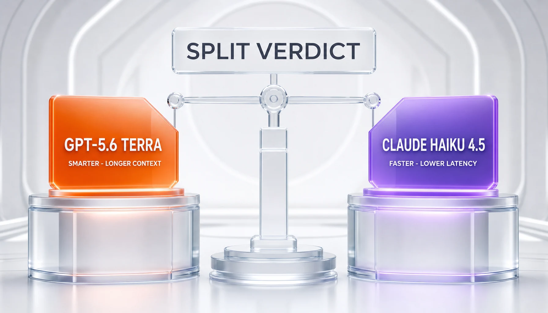 GPT-5.6 Terra vs Claude Haiku 4.5 verdict illustration — split decision, Terra smarter with longer context, Haiku 4.5 faster with lower latency